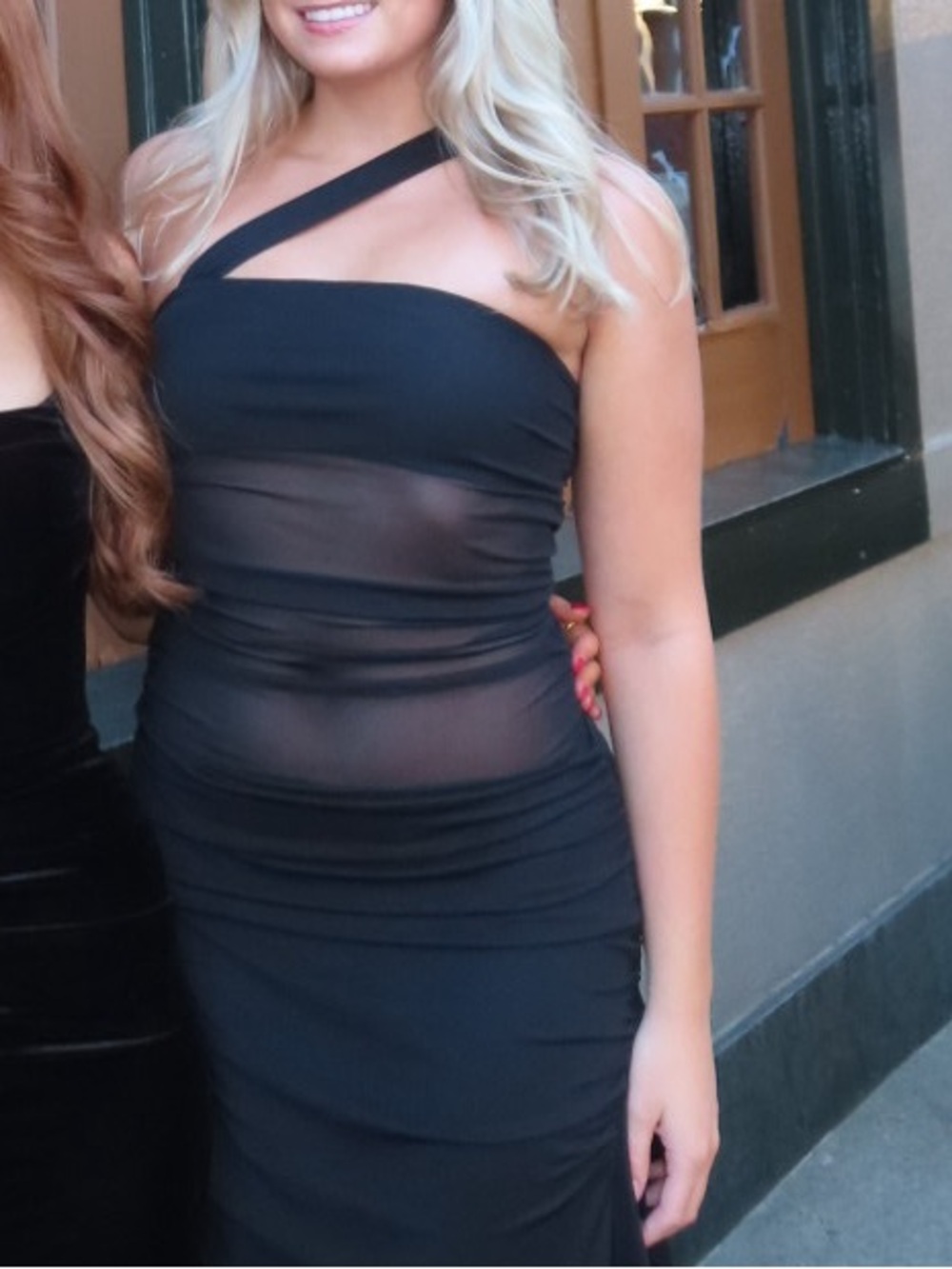 Peppermayo Black One-Shoulder Mesh Maxi Dress